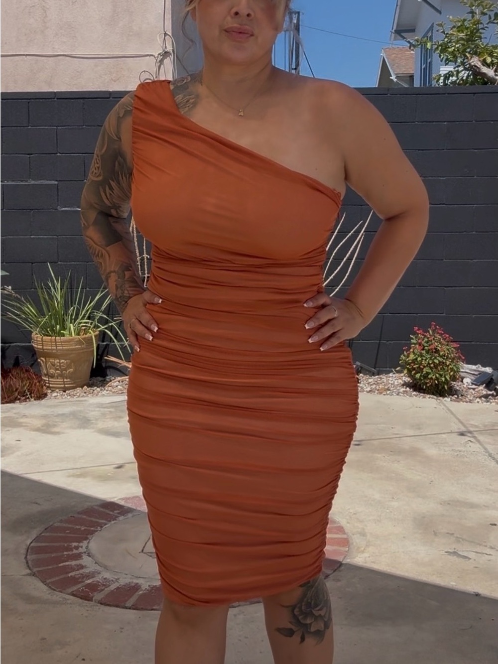 One-Shoulder Rust Bodycon Dress - Women's
